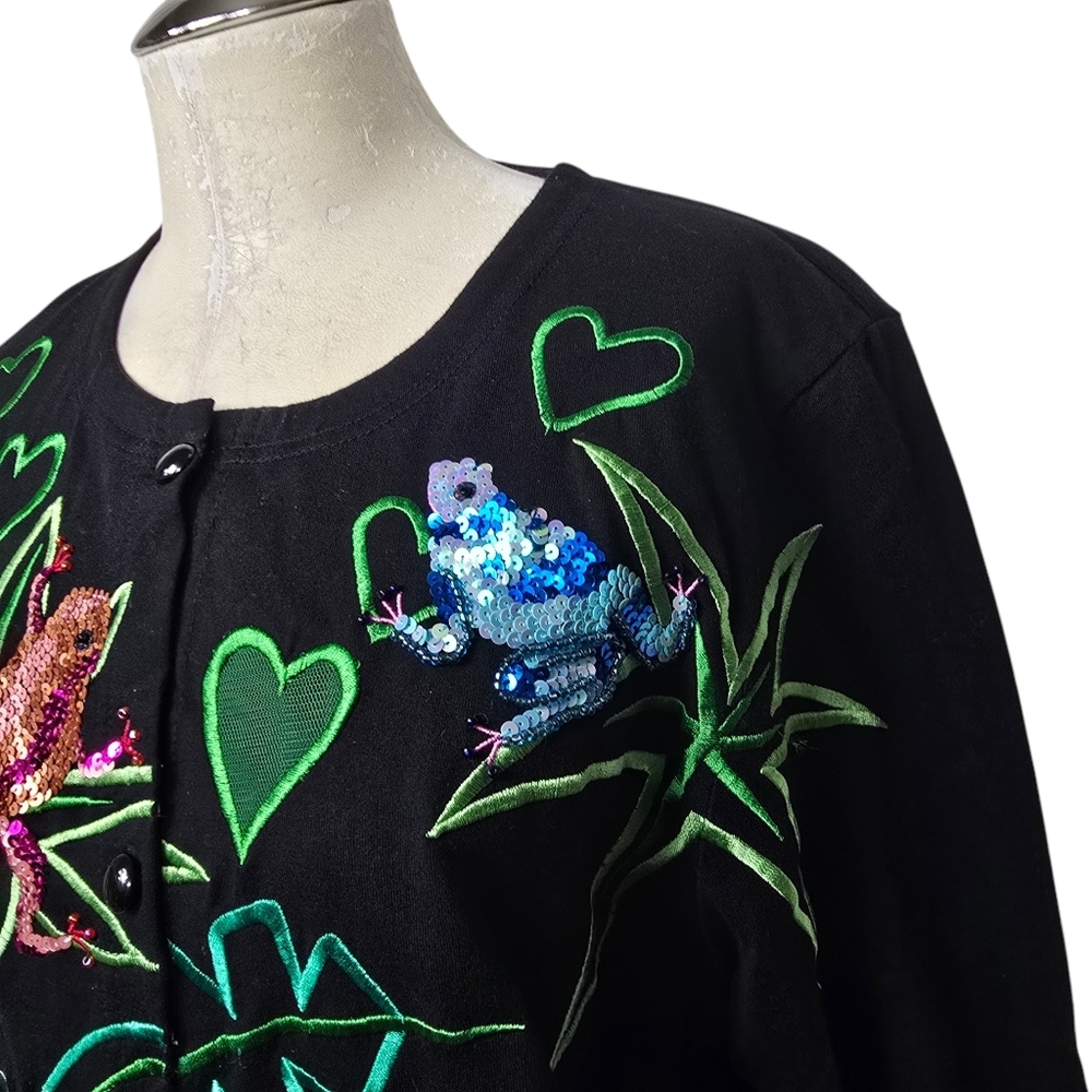 Michael Simon Sequin Frog Cardigan Sweater Black Knit Button Down Size L - Picture 2 of 9